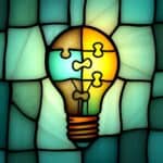 A stained glass image of a light bulb made of colorful jigsaw puzzle pieces, glowing brightly against a mosaic background of green and blue shades, symbolizes the power of giving and charity to bring hope and light to others.