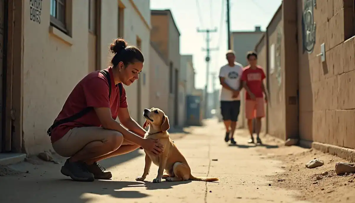 A woman squats to pet a happy, light brown puppy sitting in a sunny alleyway, while two people walk together in the background—proof that even small moments can spark powerful change.
