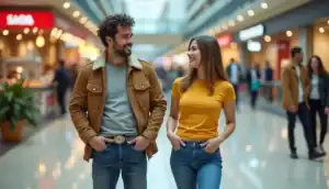 A man and woman walk side by side in a brightly lit shopping mall on Pay It Forward Day, April 28, smiling at each other. Both are casually dressed, with several stores and people adding to the lively global atmosphere in the background.