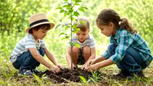 Three young children crouch around a small tree sapling, working together to plant it in soil outdoors on a sunny day—an inspiring act of kindness for Pay It Forward Day, April 28th, surrounded by greenery and nature.