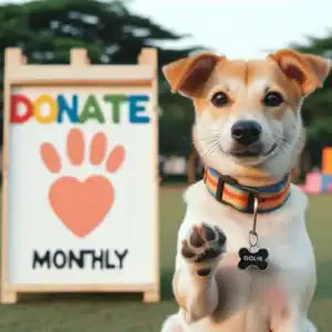 A smiling dog with a rainbow collar raises its paw beside a sign that reads DONATE MONTHLY with a large paw print and heart, promoting pet adoption for It Takes A Village Rescue, outdoors with trees in the background.