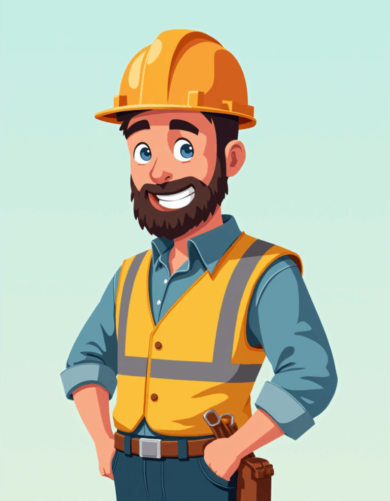 A cheerful cartoon construction worker with a beard, wearing a yellow hard hat, a reflective safety vest, and a tool belt, stands smiling with hands on hips against a light background.