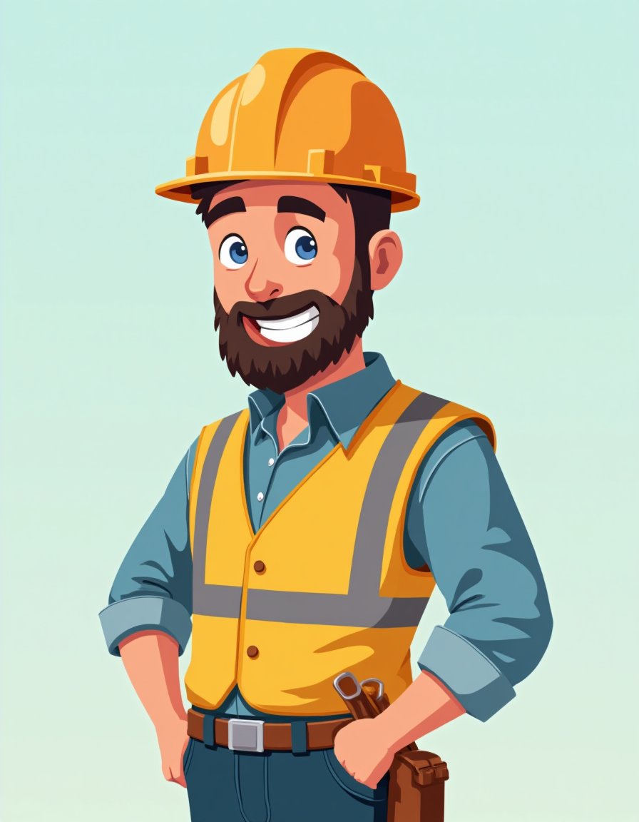 A cheerful cartoon construction worker with a beard, wearing a yellow hard hat, a reflective safety vest, and a tool belt, stands smiling with hands on hips against a light background.
