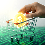 A hand places a glowing Bitcoin coin into a small shopping cart on a digital surface with binary code, highlighting cryptocurrency, online shopping, and the flexibility of Pay-What-You-Want Checkout.