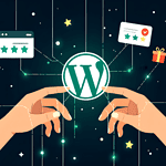 Passwordless Authentication To Banish “Forgot Password” Headaches 3 Two hands reach toward a central WordPress logo, with icons including a gift, star rating, checklist, and money symbol—each linked by glowing lines on a dark, starry background—evoking the power of scaling and high-performance SaaS for your App Framework.