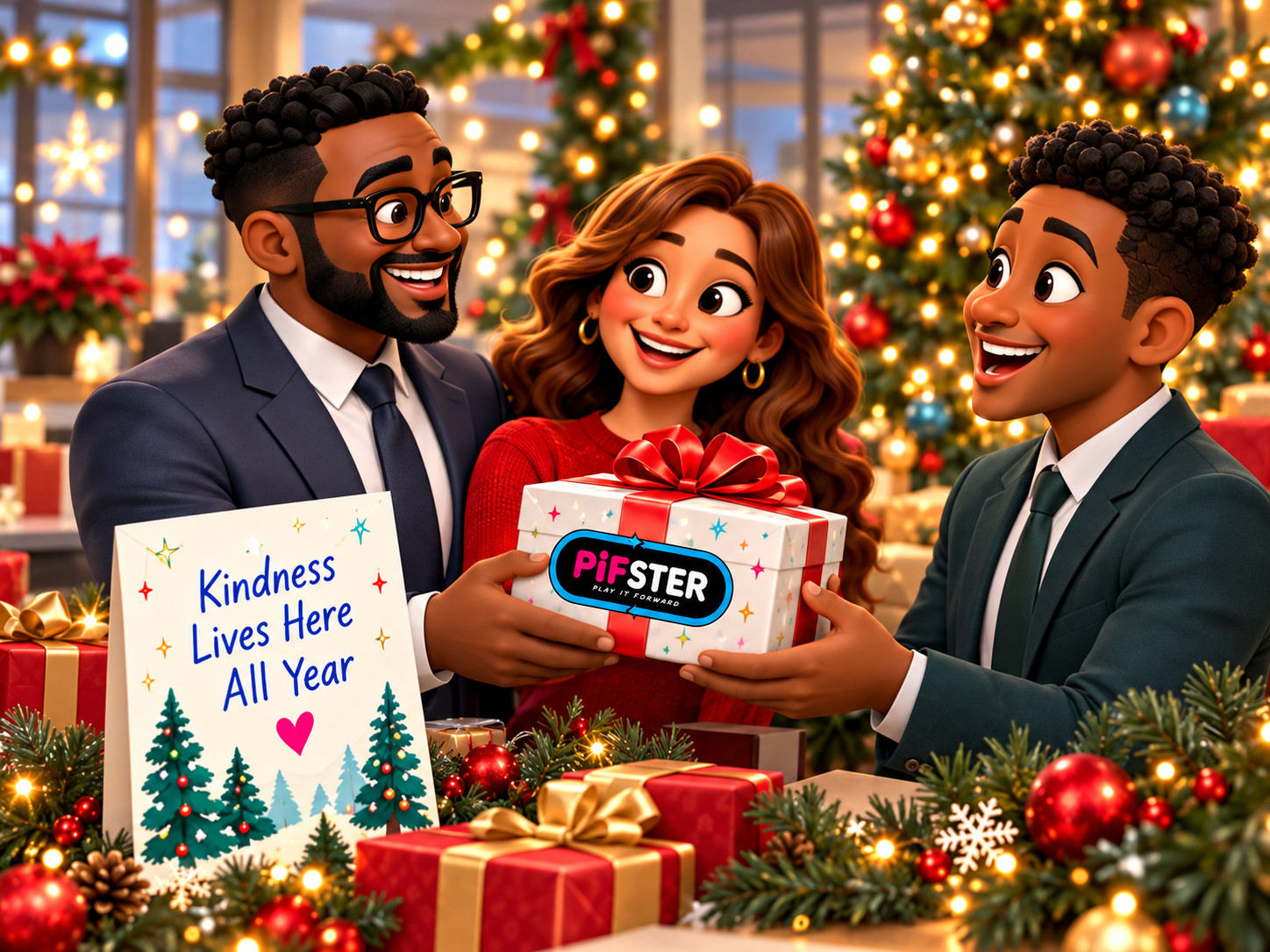 Coworkers exchanging a PiFster Christmas gift at the office