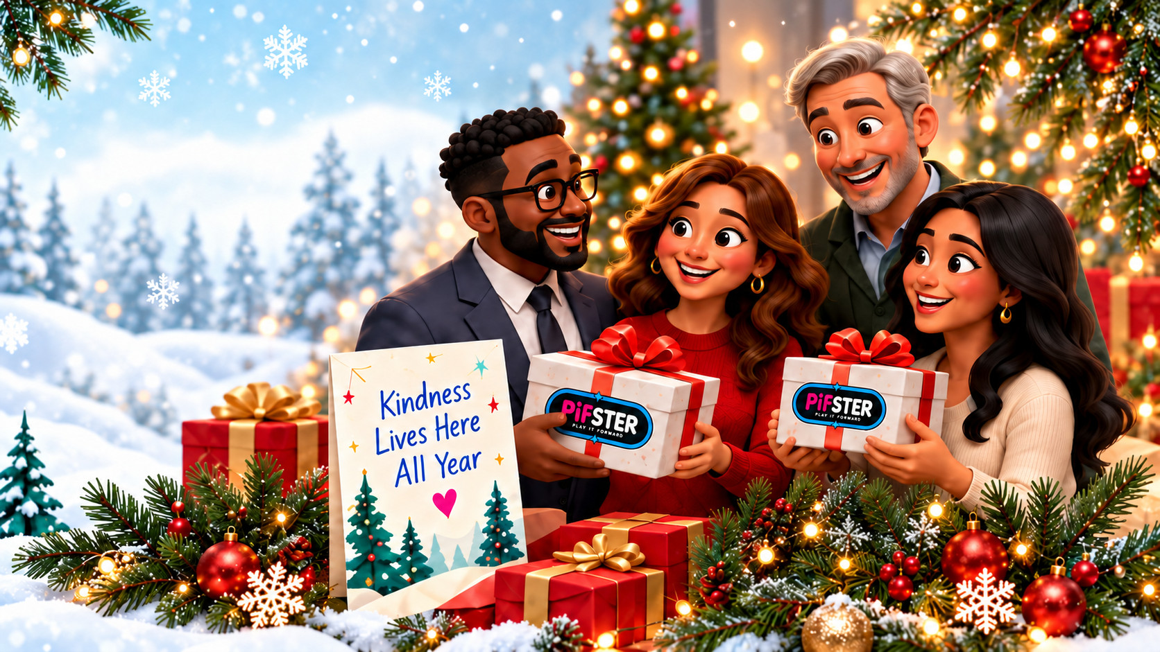 Friends exchanging PiFster Christmas gifts