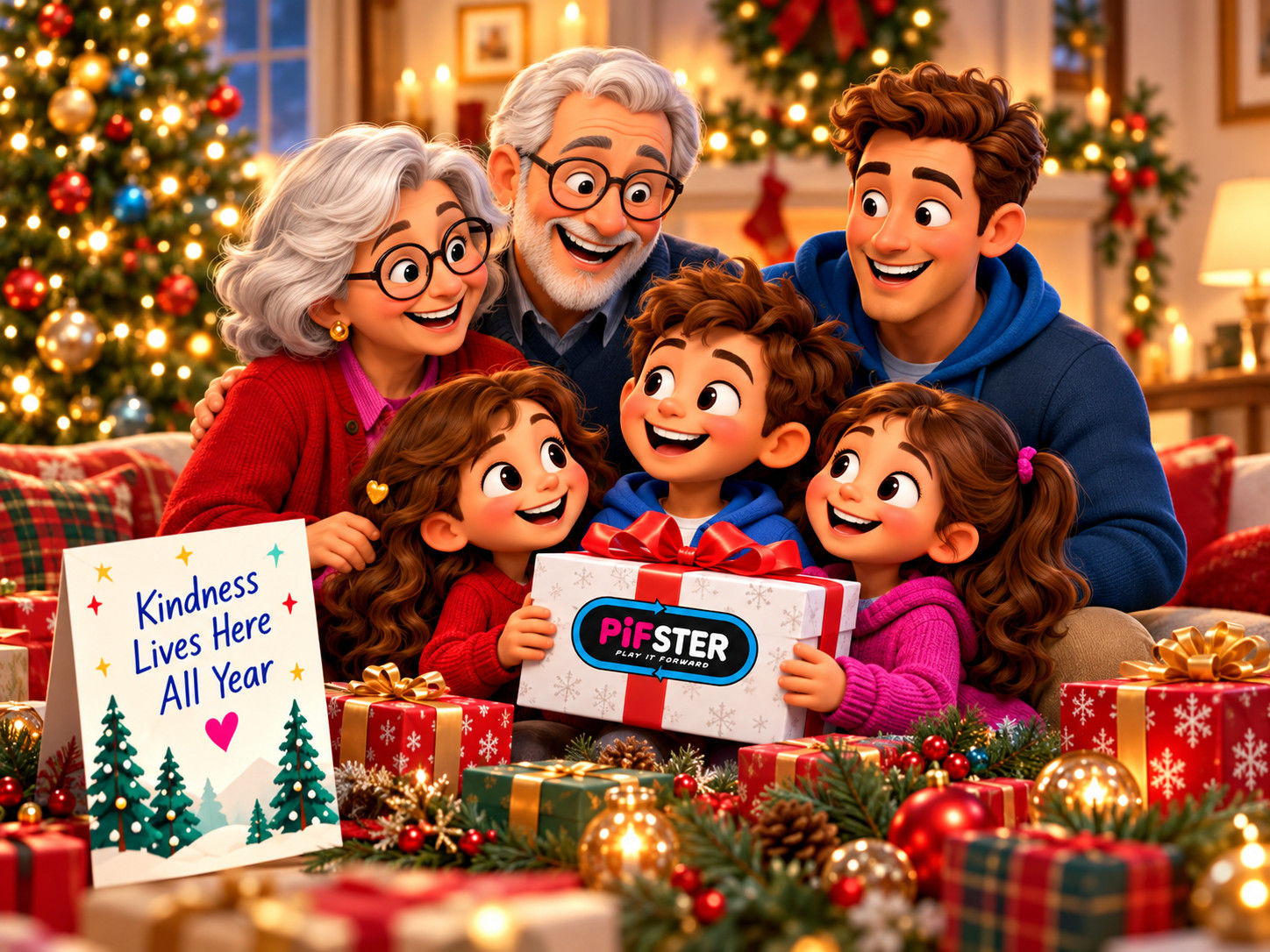 Grandparents, parents and kids opening a PiFster Christmas gift